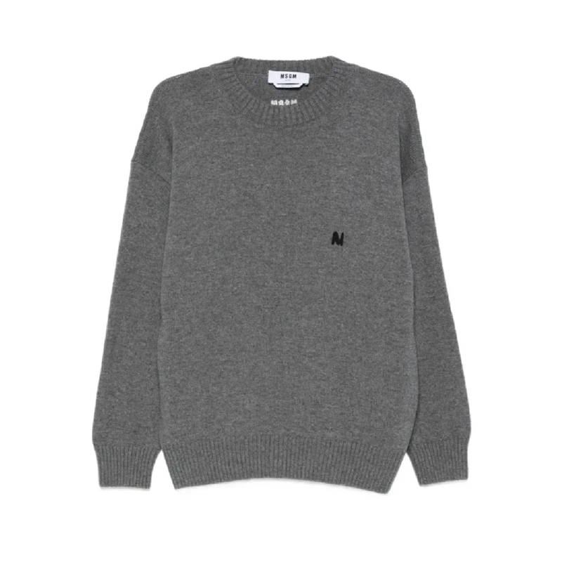 MSGM Pull Relaxed Fit Knit Sweater With Embroidered Logo Grey