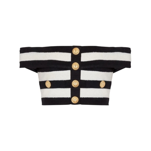 Balmain Off-Shoulder Striped White/Black Top Black Top