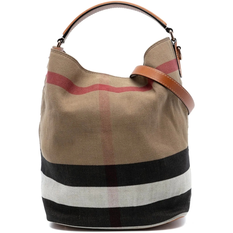 Burberry Schultertasche Medium Mega Check Canvas Ashby Bucket Bag braun