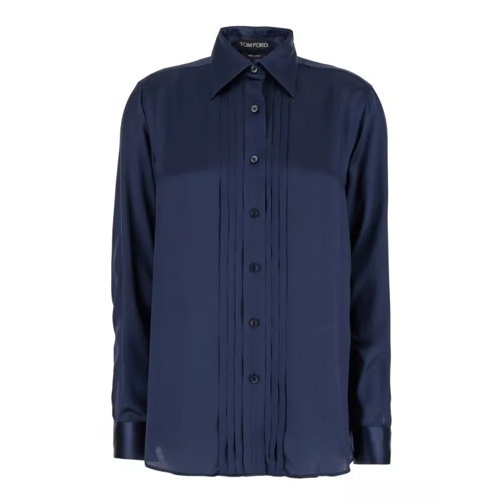 Tom Ford Blue Shirt With Pleats In Fluid Silk Blue 