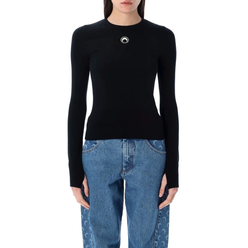 Marine Serre Pullover Moon Logo Knit Fitted Sweater Black