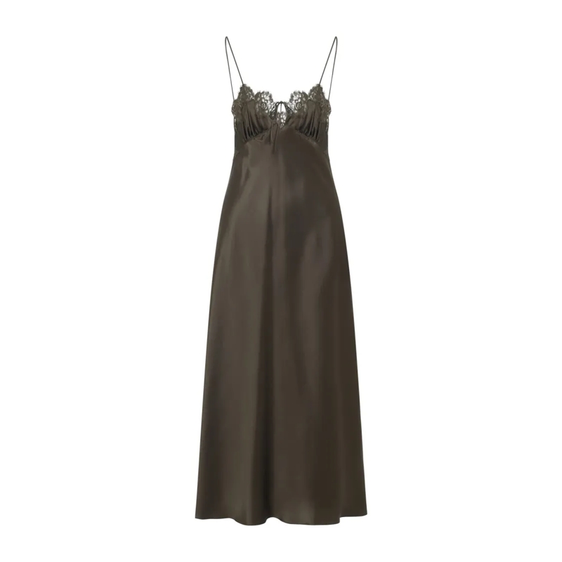 Saint Laurent Midi-jurk Silk Slip Dress With Lace Trim Green