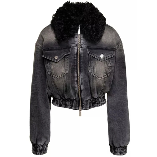 Blumarine Black Jacket With Faux Fur Collar And Logo Embroid Black Jeans