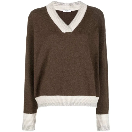 Peserico Pullover Contrast-Trim V-Neck Knitwear Jumper Brown