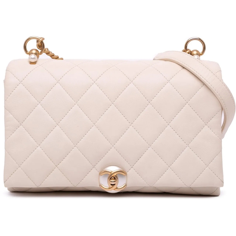 Chanel Sac à bandoulière Small Quilted Calfskin Pearl CC Accordion Flap weiß