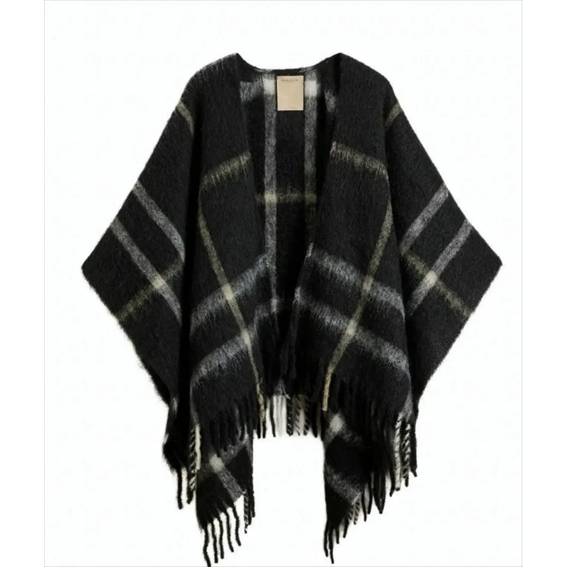 Woolrich Cape Checked Fringed Hem Woorlich Cape Black