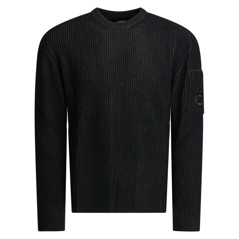 CP Company Pullover Ribbed Crew Neck Sweater With Distinctive Patch De Black