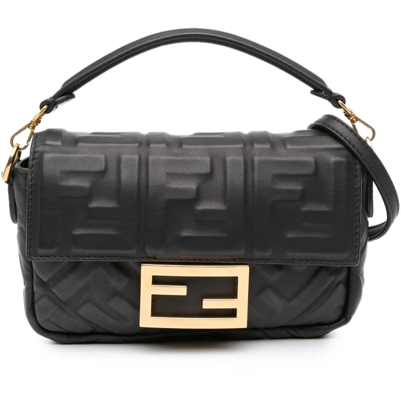 Fendi Sac à bandoulière Mini Zucca Embossed Leather Baguette Satchel schwarz