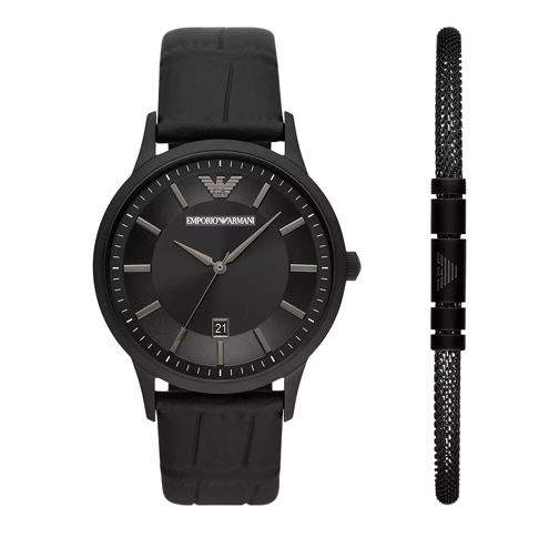 Emporio Armani Three-Hand Date Leather Watch and Bracelet Gift Se Black Orologio al quarzo