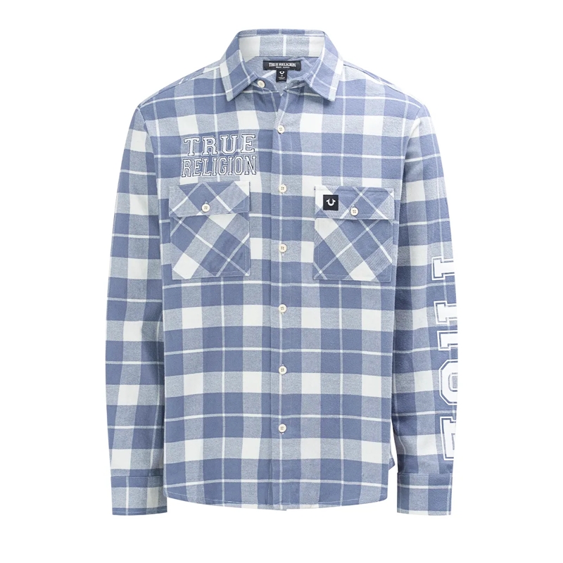 True Religion Hemd - Langarm- Flannellhemd- Knopfleiste- Karomuste blau