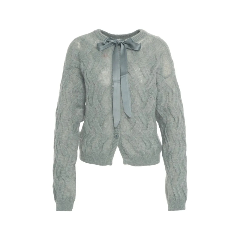 Semi Couture Vest Cropped Gray Cable Knit Cardigan With Satin Bow De Grey