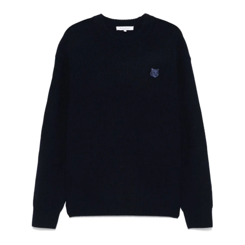 Maison Kitsune Trui Ribbed Knit Sweater With Bold Fox Head Motif Blue