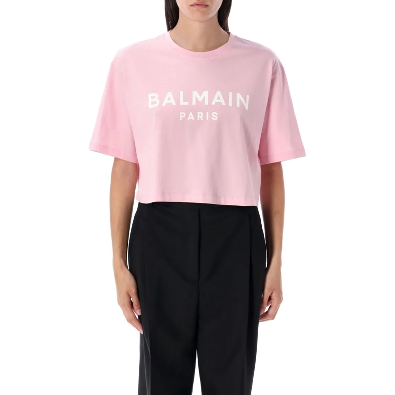 Balmain T-Shirt Printed Logo Cropped T-Shirt Pink