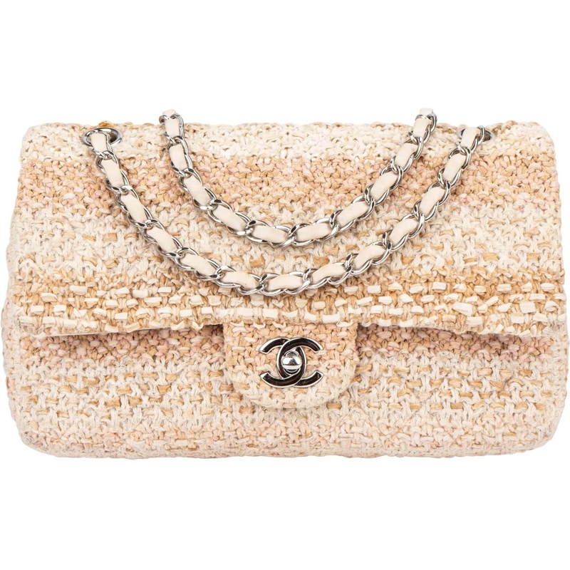 Chanel Sac à bandoulière Chanel Quilted Tweed Palladium Medium Double Flap  beige