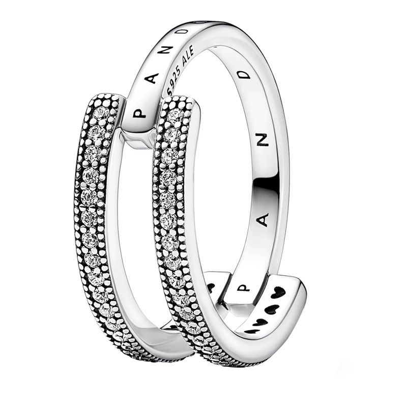 Pandora Pavé Ring Pandora Signature Logo & Pavé Double Band Ring silver