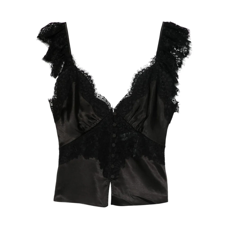 Self Portrait Bluse Satin Camisole Top With Lace Trim Black