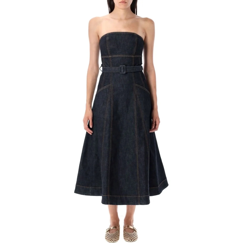 Self Portrait Midi-jurk Denim Bandeau Midi Dress Blue