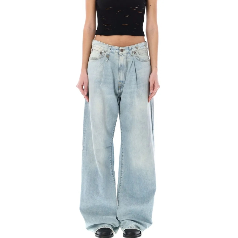 R13 Jeans Pleated Front Wide Leg Jean Blue