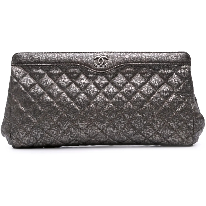 Chanel Pochette CC Quilted Metallic Caviar Clutch silber