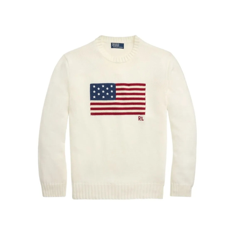 Polo Ralph Lauren Pullover Knit Sweater With Iconic American Flag Design Neutrals