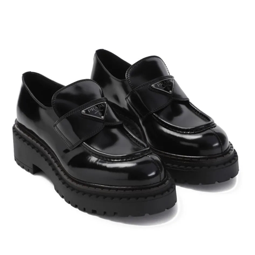 Prada Black Brushed Calf Leather Loafers Black Ballerina