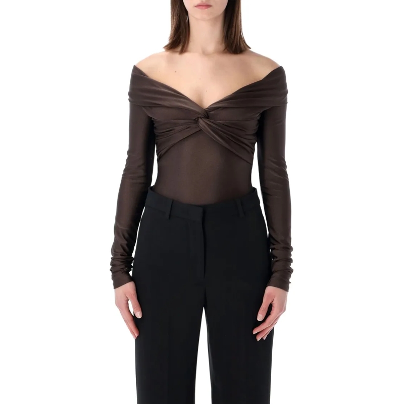 Andamane  Stretch Off-Shoulder Draped Bodysuit Black