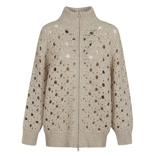 Brunello Cucinelli Strickjacke Wool Cardigan With High Collar And Embroidered Kni Neutrals