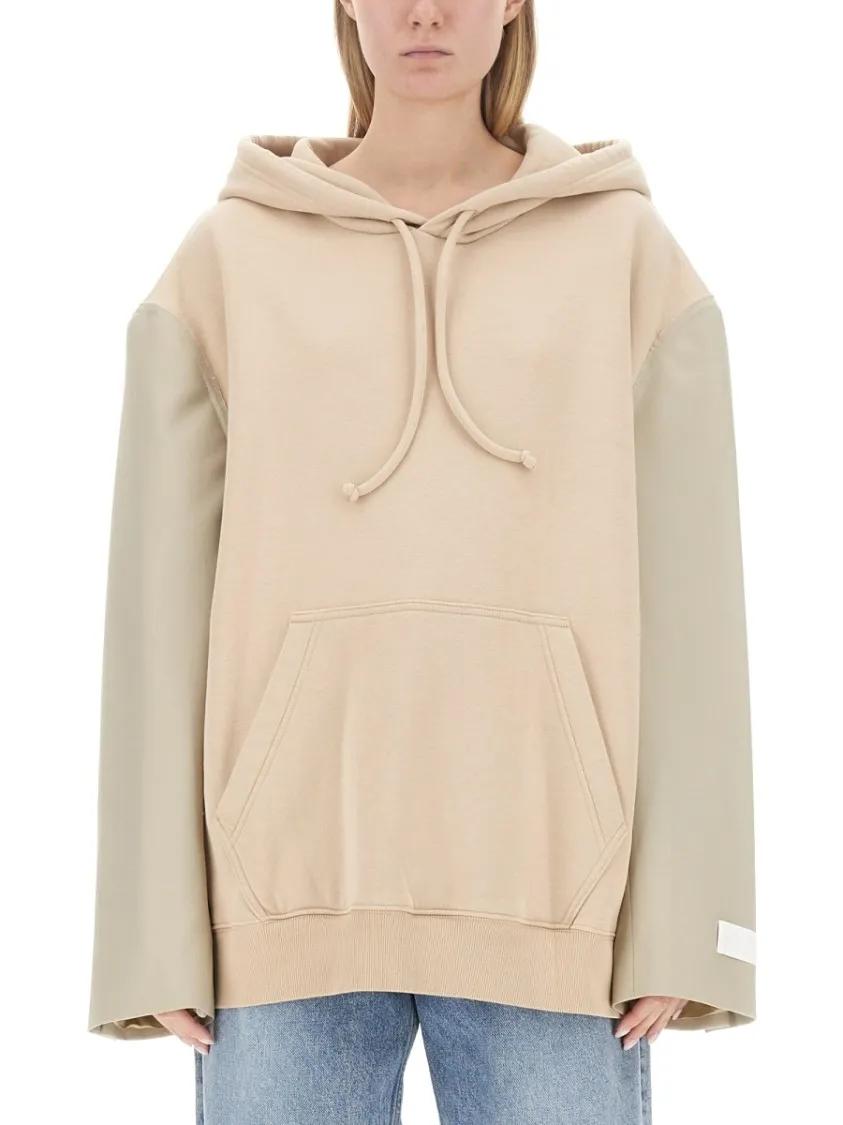 Thumbnail - MM6 Maison Margiela - Oversized Hooded Sweatshirt With Contrasting Sleev - Größe S - beige