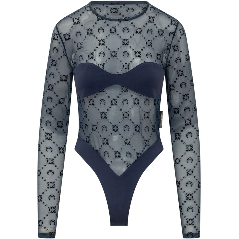 Marine Serre Combinaison Body a Maniche Lunghe in Tulle Ricamato blau