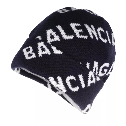 Balenciaga Logo All Over Beanie Wool Navy/White Wool Hat