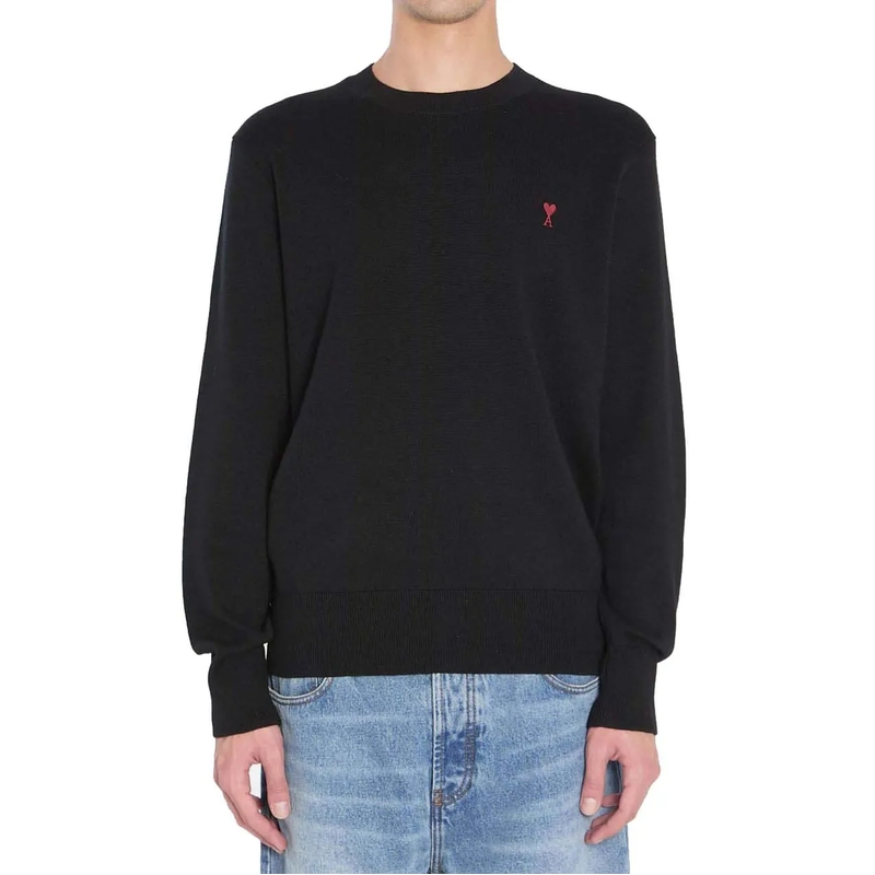 AMI Paris Pull Fitted Merino Wool Sweater With Heart Logo Black(Image 4)