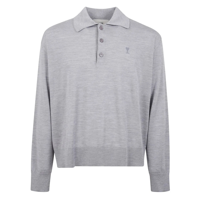 AMI Paris Polohemd Grey Long-Sleeved Jersey Knit Polo Shirt Grey