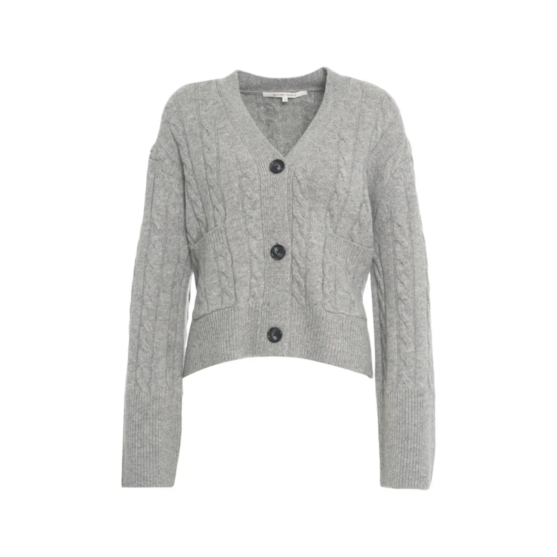 Second Female Cardigan Cable Knit Cardigan With V-Neckline And Button Clo Grey