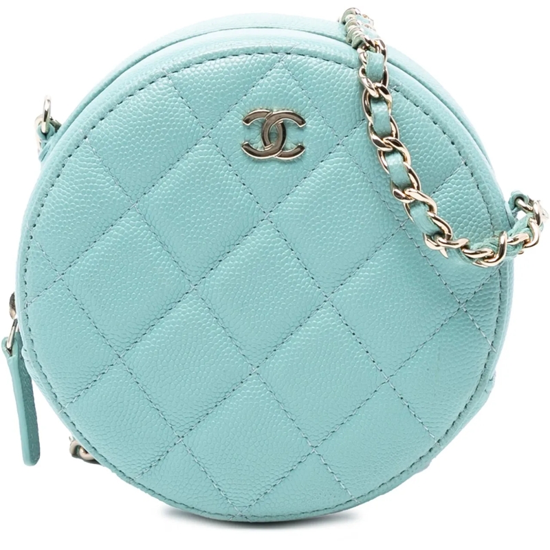 Chanel Schultertasche CC Quilted Caviar Round Clutch With Chain blau