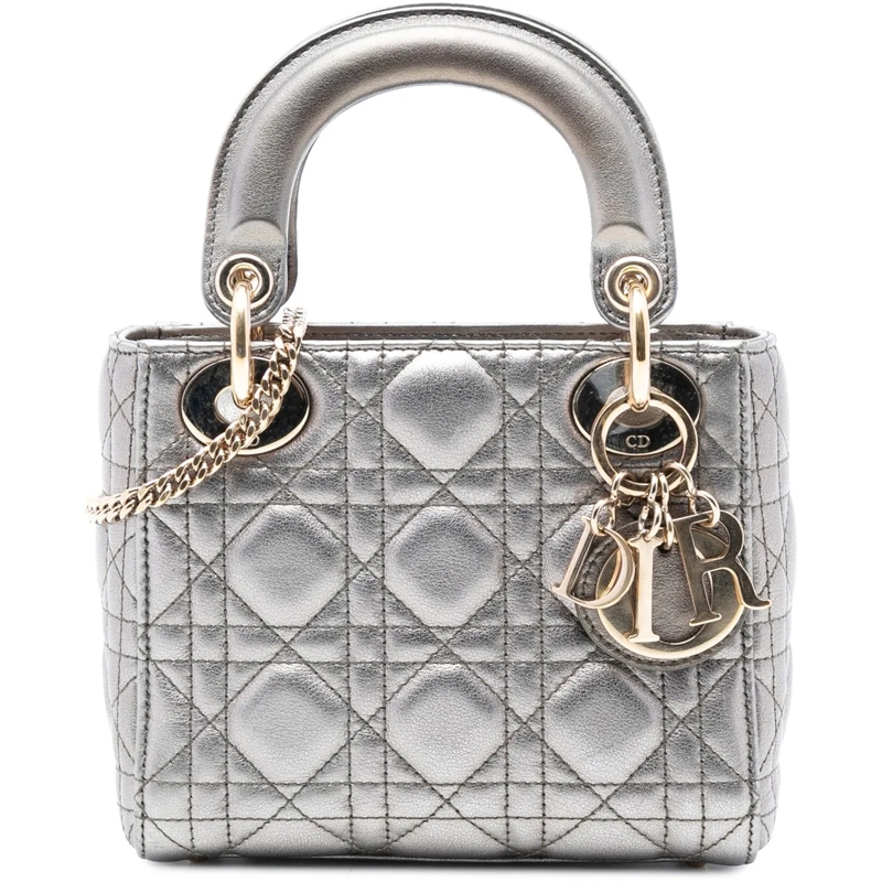 Christian Dior Schultertasche Mini Metallic Lambskin Cannage Lady Dior silber