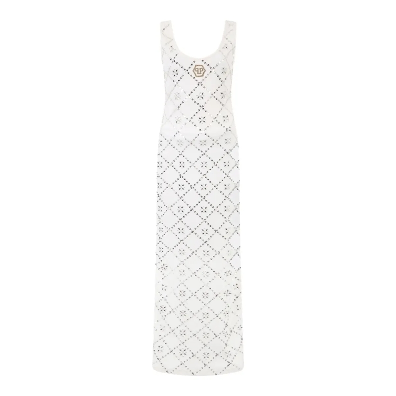 Philipp Plein Maxikleid Long Tank Dress Rhomb Flowers Strass weiss