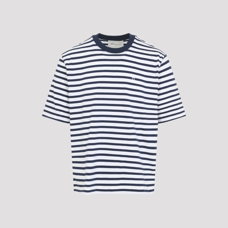 AMI Paris T-Shirt Classic White T-Shirt With Navy Stripe Detail Grey(Image 3)