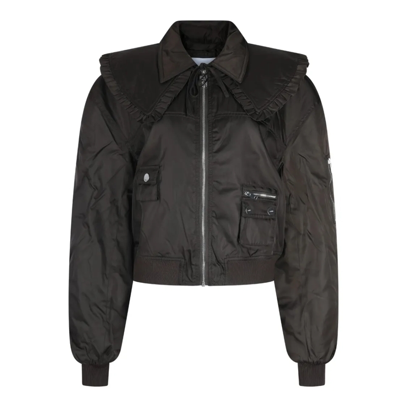 GANNI Übergangsjacke Cropped Jacket With Ruffled Collar Black