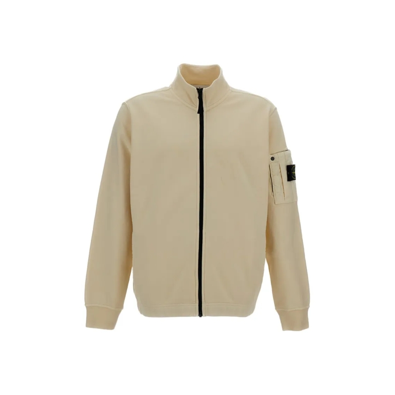 Stone Island  Cotton Fleece Zip-Up Crewneck With Logo Patch Neutrals