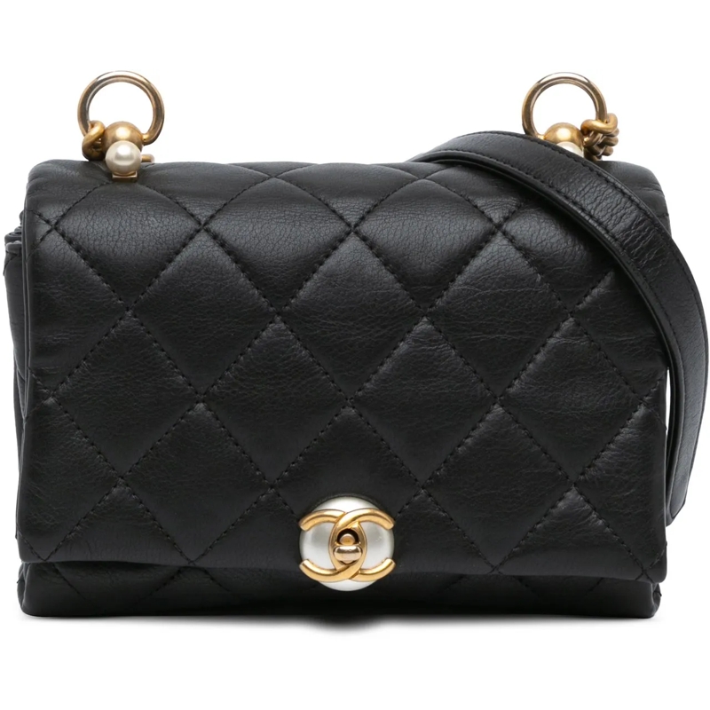 Chanel Schultertasche Mini Quilted Calfskin Pearl CC Accordion Flap schwarz