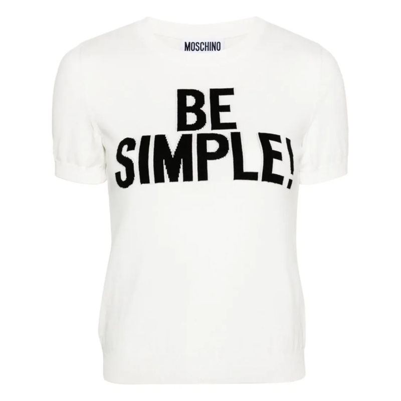 Moschino Trui Intarsia-Knit Short-Sleeve Sweater With Bold Sloga White