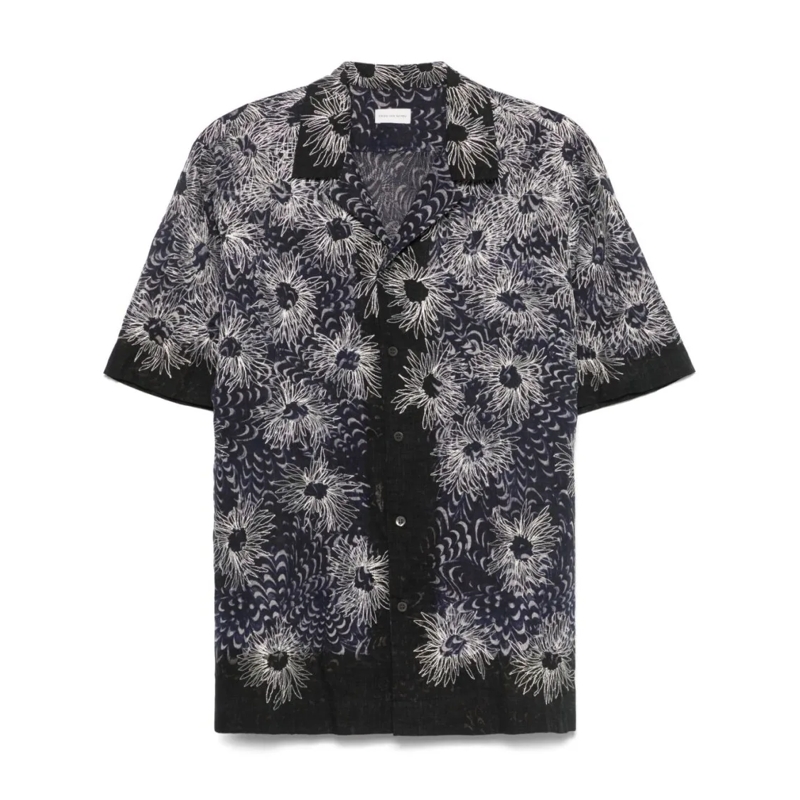Dries Van Noten Hemd Navy Blue Short-Sleeved Camp Collar Shirt Grey