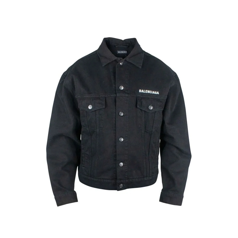Balenciaga Spijkerjasje Cropped Black Denim Jacket With Flap Pockets Black