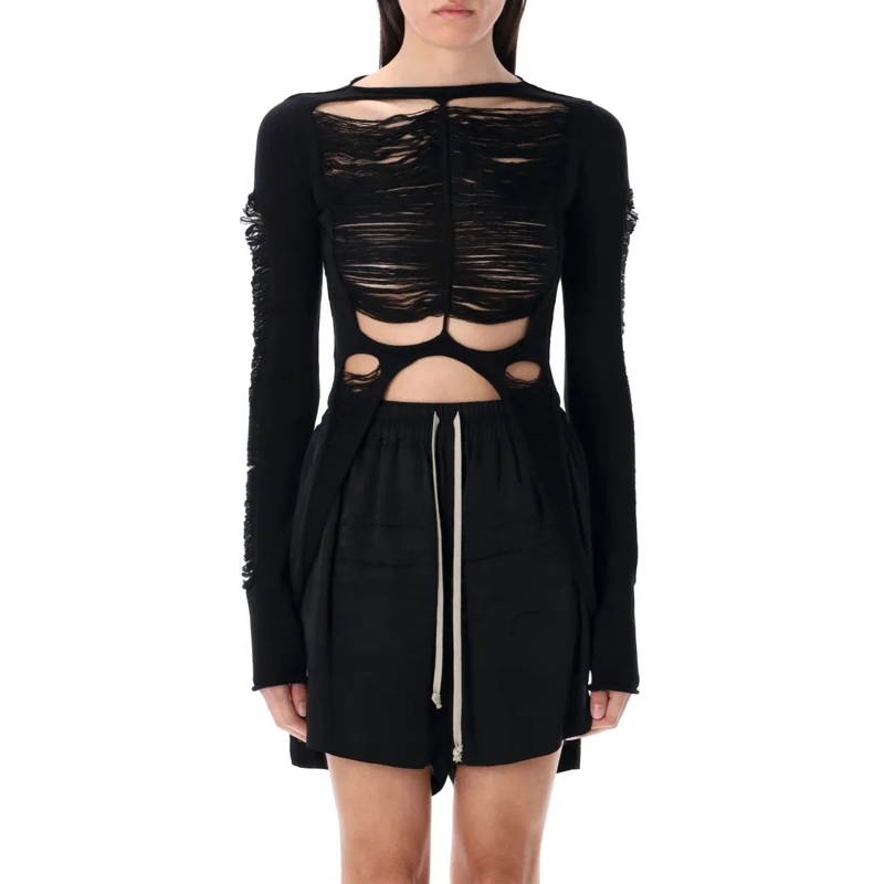 Rick Owens Blouse Rolled Neck Black Wool Tanja T Top With Shredded D Black