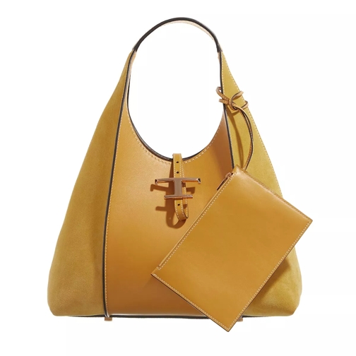 Tod's T Timeless Hobo Bag In Smooth Leather And Suede Medium Yellow Hobo Bag