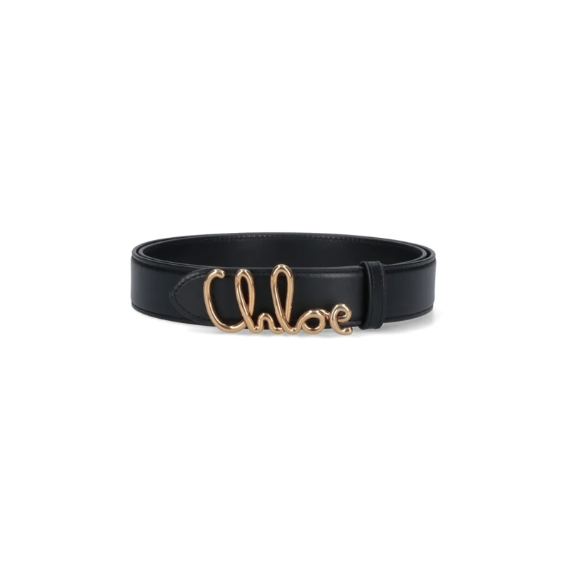 Chloé Gürtel Black Leather Belt With Gold Logo Buckle Black