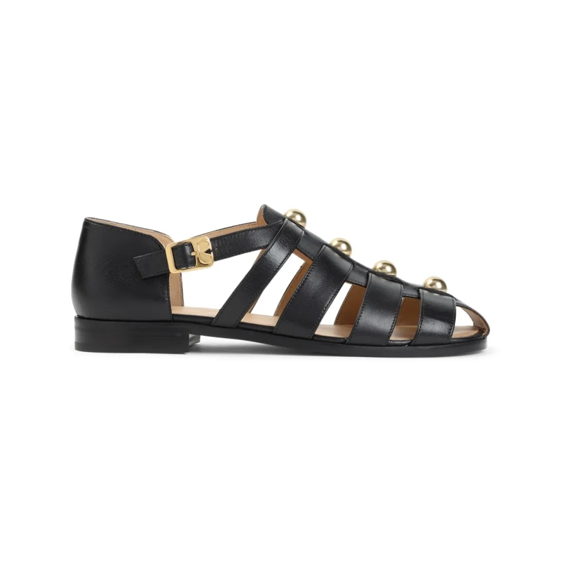 Valentino Garavani Mocassin Black Leather Sandals With Decorative Metal Accent Black
