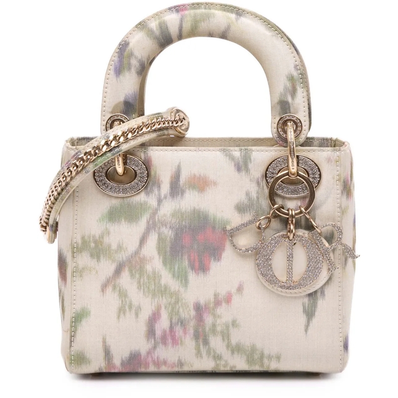 Christian Dior Schultertasche Mini Satin Floral Crystal Lady Dior weiß
