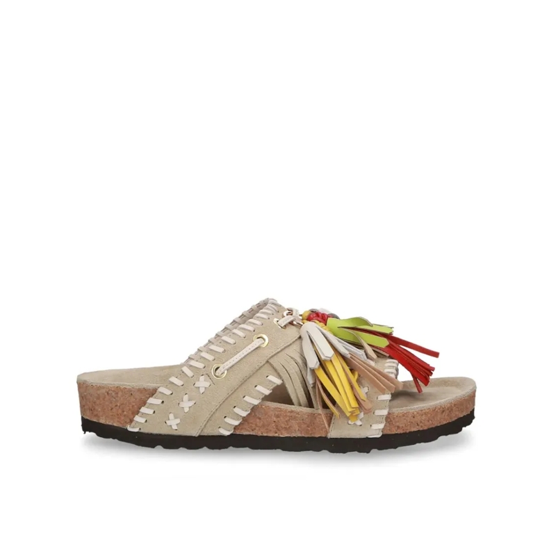 Elena Iachi Sandales Beige Suede Slipper With Multicolor Tassels Neutrals