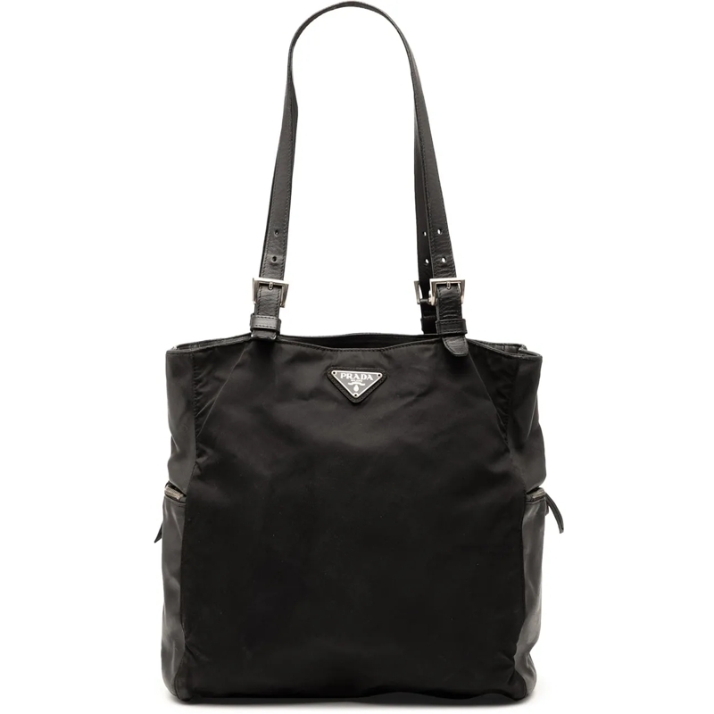 Prada Shopper Vitello Trimmed Tessuto Pockets Tote schwarz